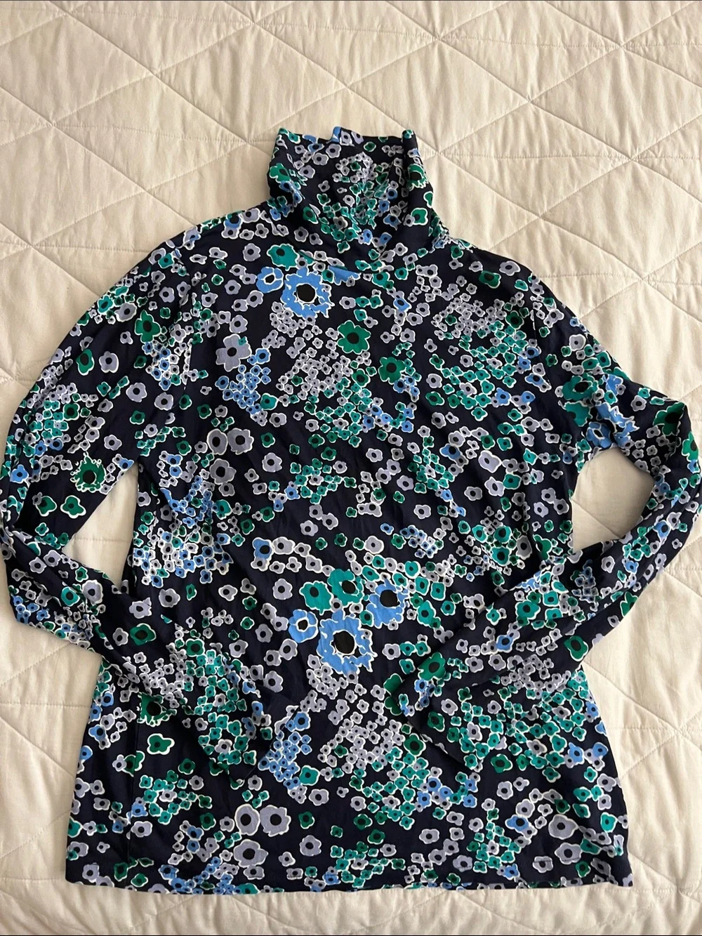 J. Crew Floral Printed Tissue Turtleneck large - navy teal multi